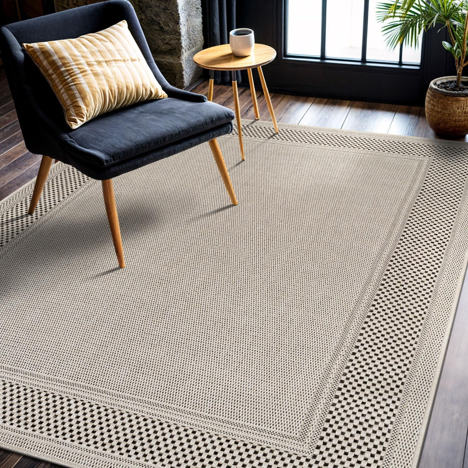 CAMILSON Bordered Non Shedding Easy-Cleaning Indoor Outdoor Easy Jute Rug Bone 5x7