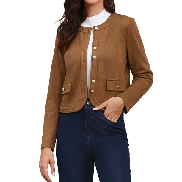 Abrigo Button Down Chic para Mujeres con Mangas Largas y Cuello Redondo, Chaquetas Vintage M Marrón