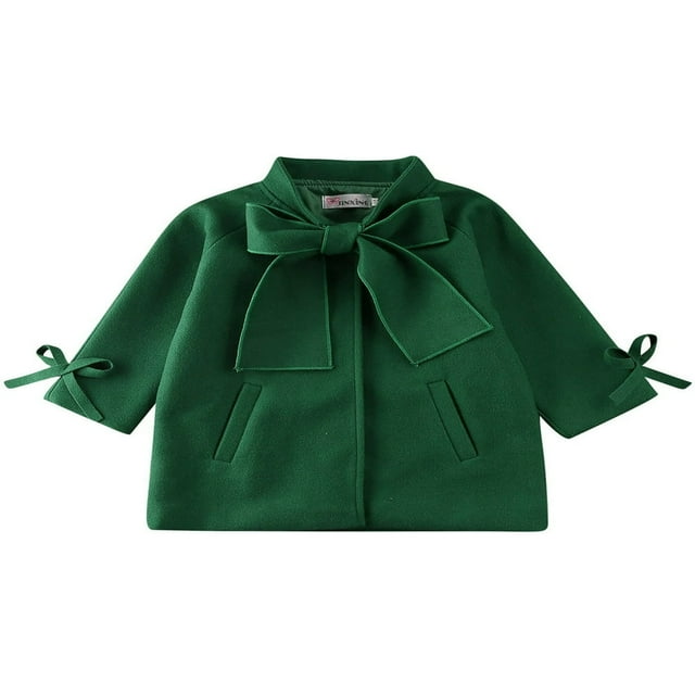 Little Girls Jacket Solid Color Loose Bow Neck Side Pockets Outerwear