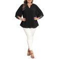 thumbnail image 2 of Agnes Orinda Women's Plus Size Chiffon Tops Notch V Neck 3/4 Tulip Sleeve Pleated Front Dressy Casual Summer Blouses 3X Black, 2 of 6