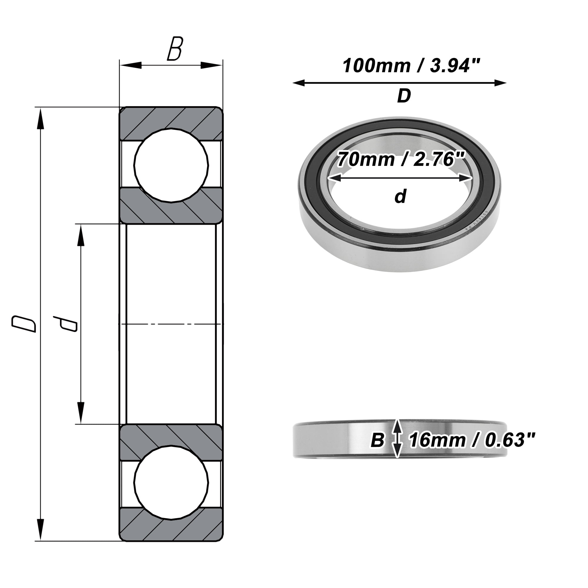Unique Bargains 6914VV Deep Groove Ball Bearings 70x100x16mm P4 Double Rubber Seal Lubricated Bearings 1 Pc Car Scooter Skateboard Wheel Universal Silver Tone Black
