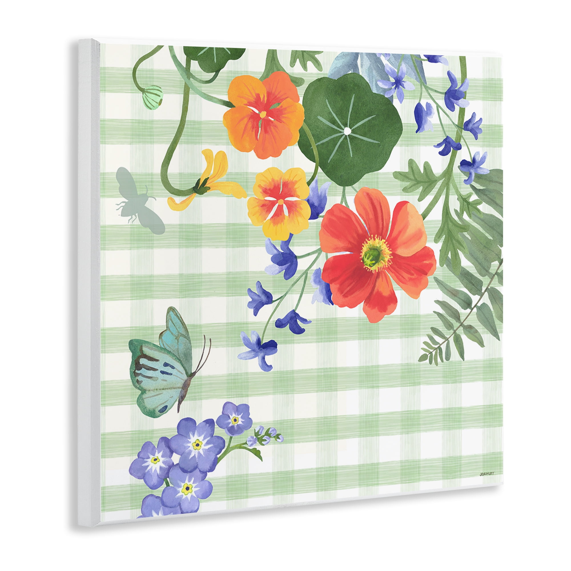 Stupell Industries Green Gingham & Poppies Botanical & Floral Painting Unframed Art Print Wall Art, 12 x 12