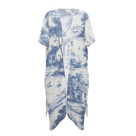 Xoenoiee Toile De Jouy Boat House Print Kimonos for Women Swimsuit Coverups Beach Cover Up Summer Swimwear Cardigan Beachwear for Beach Vacation Travel