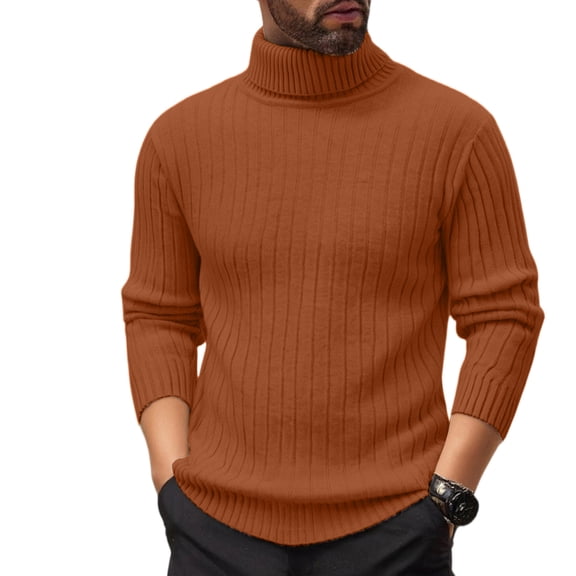Hogleaql Men Turtleneck Sweater Casual Soft Long Sleeve Cable Knitted Fitted Sweater Thicken Fall Winter Solid Color Trendy Sweater Top Brown XL