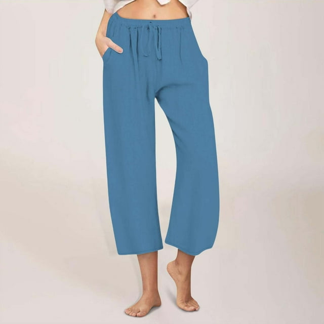 Meichang Linen Capri Pants for Women Summer Drawstring Elastic High Waist Pant Straight Wide Leg Cropped Trouser Solid Cotton Linen Pants with Pockets