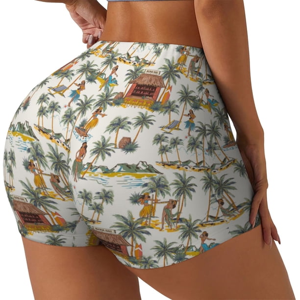 Fotbe Hawaiian Style Shorts Sin Costuras – Shorts Deportivos de Cintura Alta para Mujer, Elásticos para Gimnasio, Yoga, Running o Ciclismo-Small