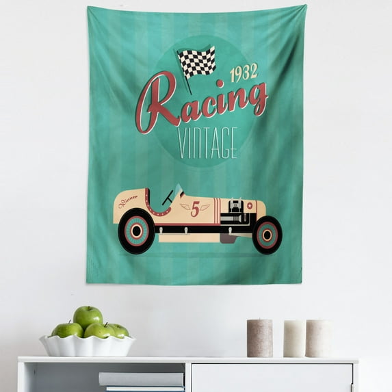 Cars Tapestry, Poster Print of a Classic Vintage Automobile Nostalgia Rally Antique Machine, Fabric Wall Hanging Decor for Bedroom Living Room Dorm, 5 Sizes, Teal Ruby Cream, by Ambesonne