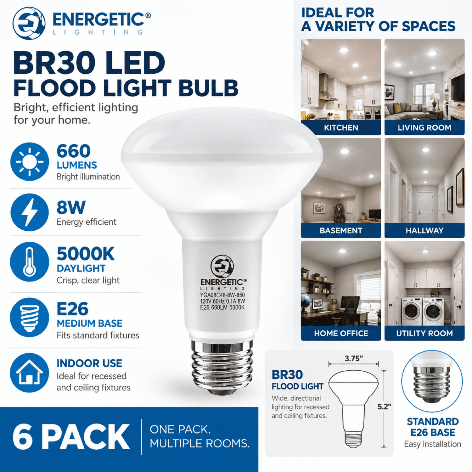 Energetic BR30 LED Flood Light Bulbs, 65W Equivalent, 2700K Soft White, Dimmable, E26 Base, 9-Year Life, 6-Pack