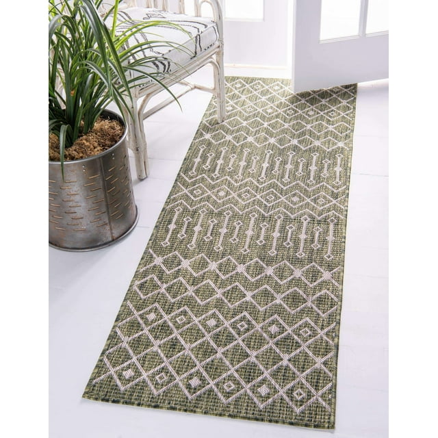Unique Loom Trellis Collection Tribal Geometric Transitional Indoor and Outdoor Flatweave Runner Rug, 2' x 6', Green/Ivory