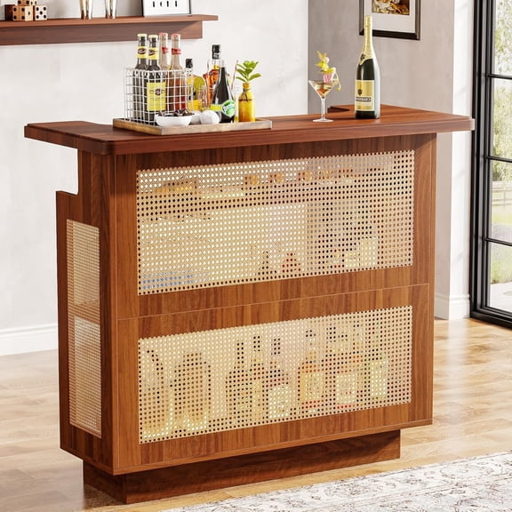 47.24" Farmhouse Rattan Bar Cabinet, 4-Tier Liquor Storage with Stemware & Wine Racks, Caramel Brown Bar Unit for Living Room