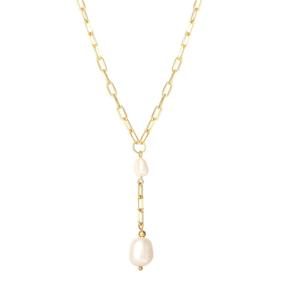 JS Jessica Simpson Women’s Gold Plated Sterling Silver Paperclip Pearl Y Necklace