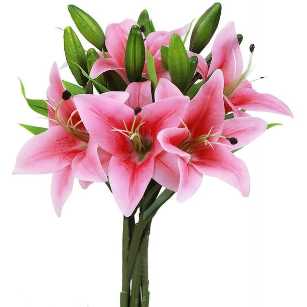 Xiao Hua Juego de 5 flores de lirio artificiales con un toque realista, ideal para bodas, fiestas, jardines y decoración de oficinas. Flores de lirio artificiales, color rosa intenso.