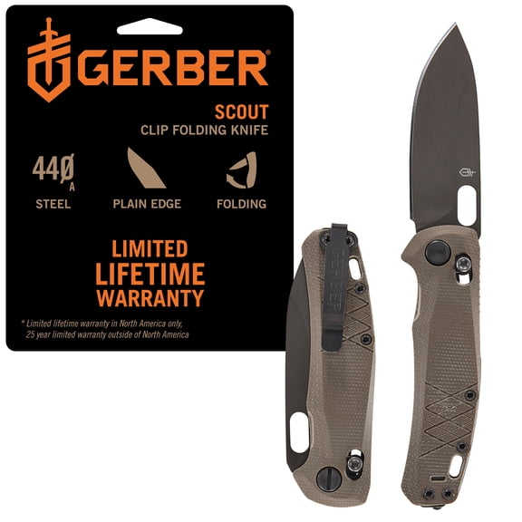 Gerber Scout Tan Folding Knife, Plain Edge, Drop Point