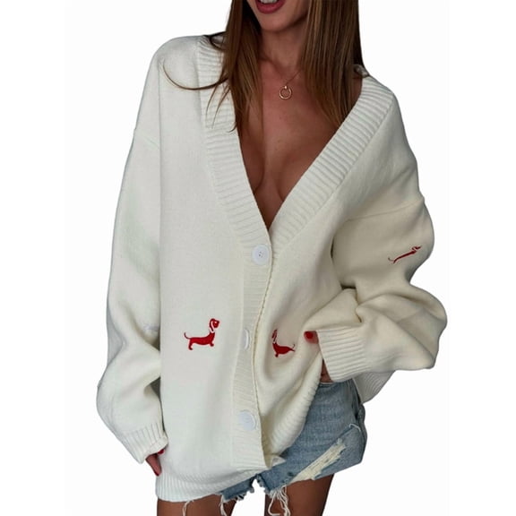 Women'S Fall Graphic Embroidery Button Down Cardigan V Neck Cozy Funny Knit Cardigan Sweater Jacket Coat Zy5126 White M