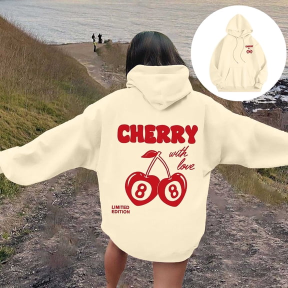 Hoodies for Women Cherry Graphic Back Print Oversized Pullover Hooded Sweatshirt Y2K Streetwear Top Fall Spring Outfits Beige L