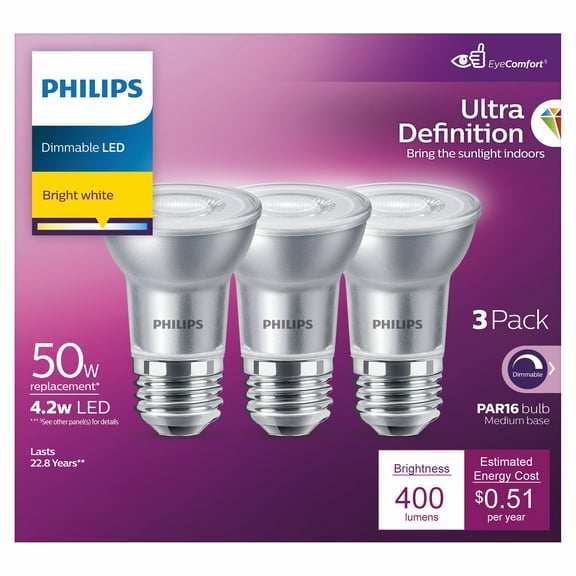 Philips Ultra Definition LED 50-Watt PAR16 Indoor Spotlight Light Bulb, 40-Degree Beam Angle, Dimmable, E26 Medium Base (3-Pack)