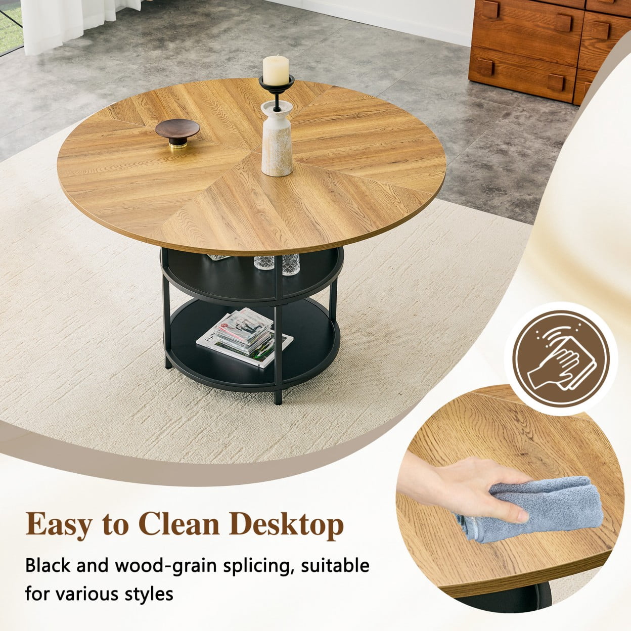47.3" Round Dining Table for 4-6, Modern Farmhouse Kitchen Table with Double Layer Storage Shelf, Wood MDF Top, Metal Base for Dining Room