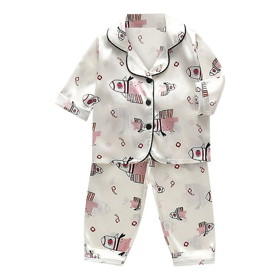 Zanarzt Kids Satin Wear Pj Toddler Baby Boys Girls Satin Cartoon Button Down Shirt Tops Pants Silk Pajamas Sleepwear Loungewear Set White,2-3 Years