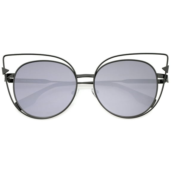 sunglassLA Female Oversize Metal Cutout Frame Arrow Accent Flat Lens Cat Eye Sunglasses 57mm (Black-Black / Smoke) - 57mm