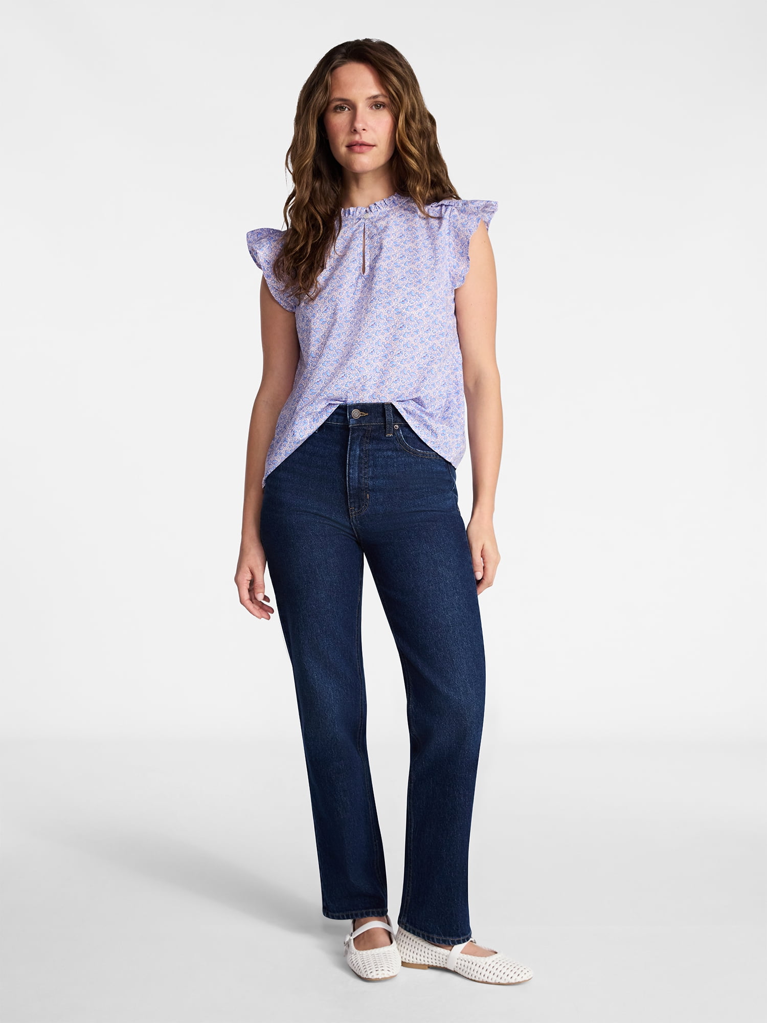 Time and Tru Women's Cotton Split Neck Top with Flutter Sleeves, Sizes XS-XXXL