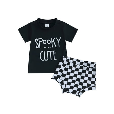 

Bagilaanoe 2Pcs Newborn Baby Boy Halloween Outfits Letters Print Short Sleeve T-shirt Tops + Plaid Shorts 6M 12M 18M 24M Infant Short Pants Set