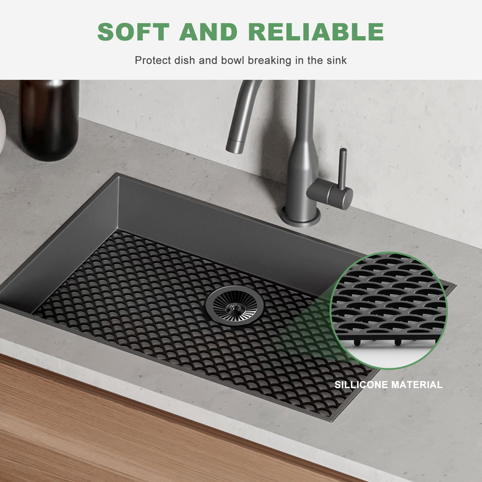 Sink Protectors for Kitchen Sink - Large 28.4"x 15" with Rear Drain Hole Heat Resistant Easy Clean Non-slip Silicone Drying Kitchen Sink Mat for Bottom of Kitchen Sink Stainless Steel(Black)-72x38CM