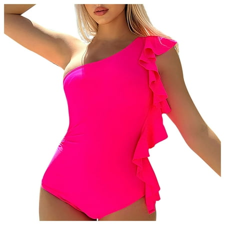 TrendVibe365 One Piece Swimsuits for Juniors Pink Bathing Suits Thong One Shoulder Solid Swimwear Beachwear M