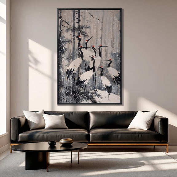 Elegant Cranes Art: Winter Forest Bird, Unframed Canvas Size 12x18
