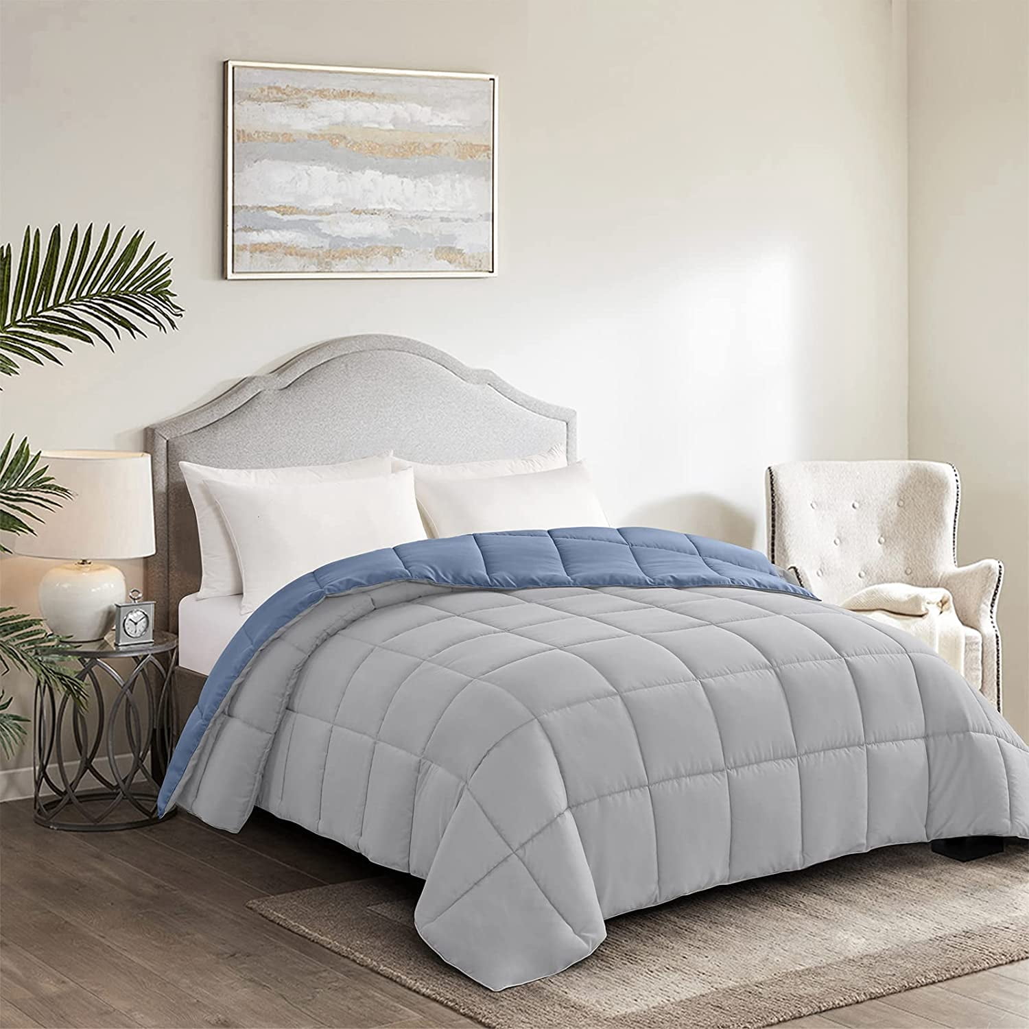 Reversible Lightweight Queen Comforter Down Alternative Blue Grey All Season Quilted Bedding
