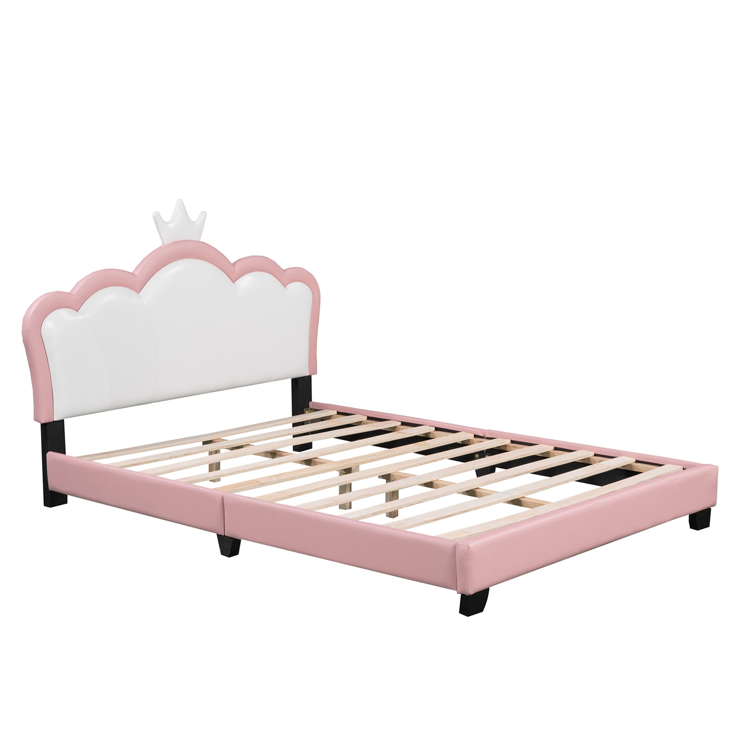 Harper & Bright Designs Full size Princess Bed with Crown Headboard, PU Leather Pink Full Platform Bed Frame for Boys Girls Bedroom