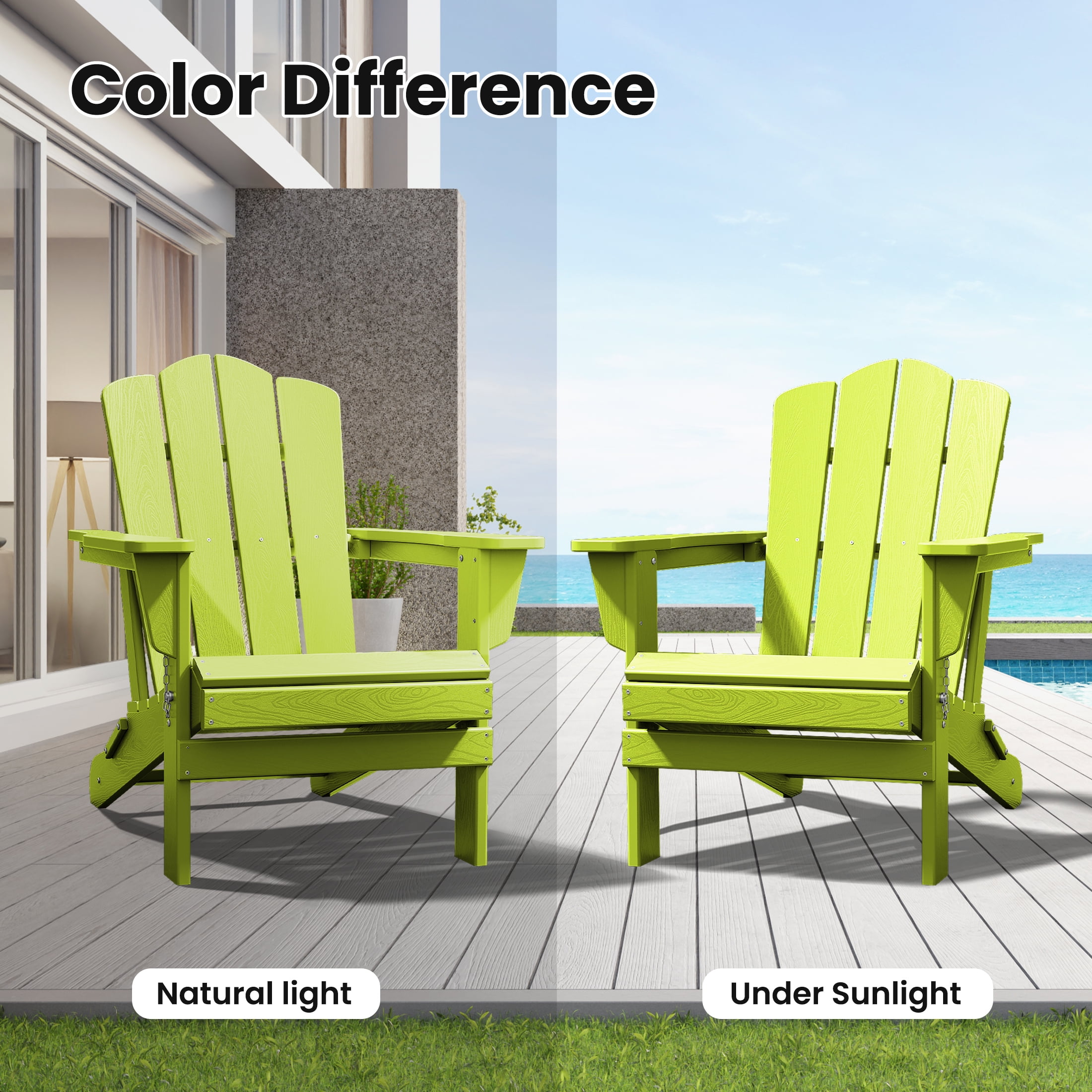 JUSTLET Adirondack Chair, 4PC Plastic Folding Outdoor Patio Chairs, Outside HDPE Chairs for Lawn, Yard, Apple Green
