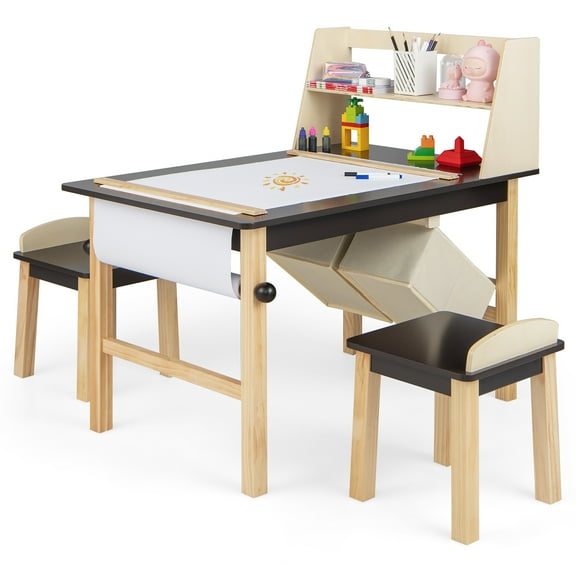 Costway Kids Art Table and Chairs Set with Paper Roll and Storage Bins, Coffee/Natural