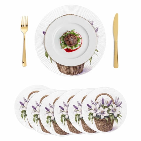 Pastoral Floral Round Placemats Set of 6 Spring Meadow Blooms Botanical Place Mats Indoor Woven Table Mats Washable Heat-Resistance Braided Dining Table Placemats for Kitchen Party Decor 15 Inch