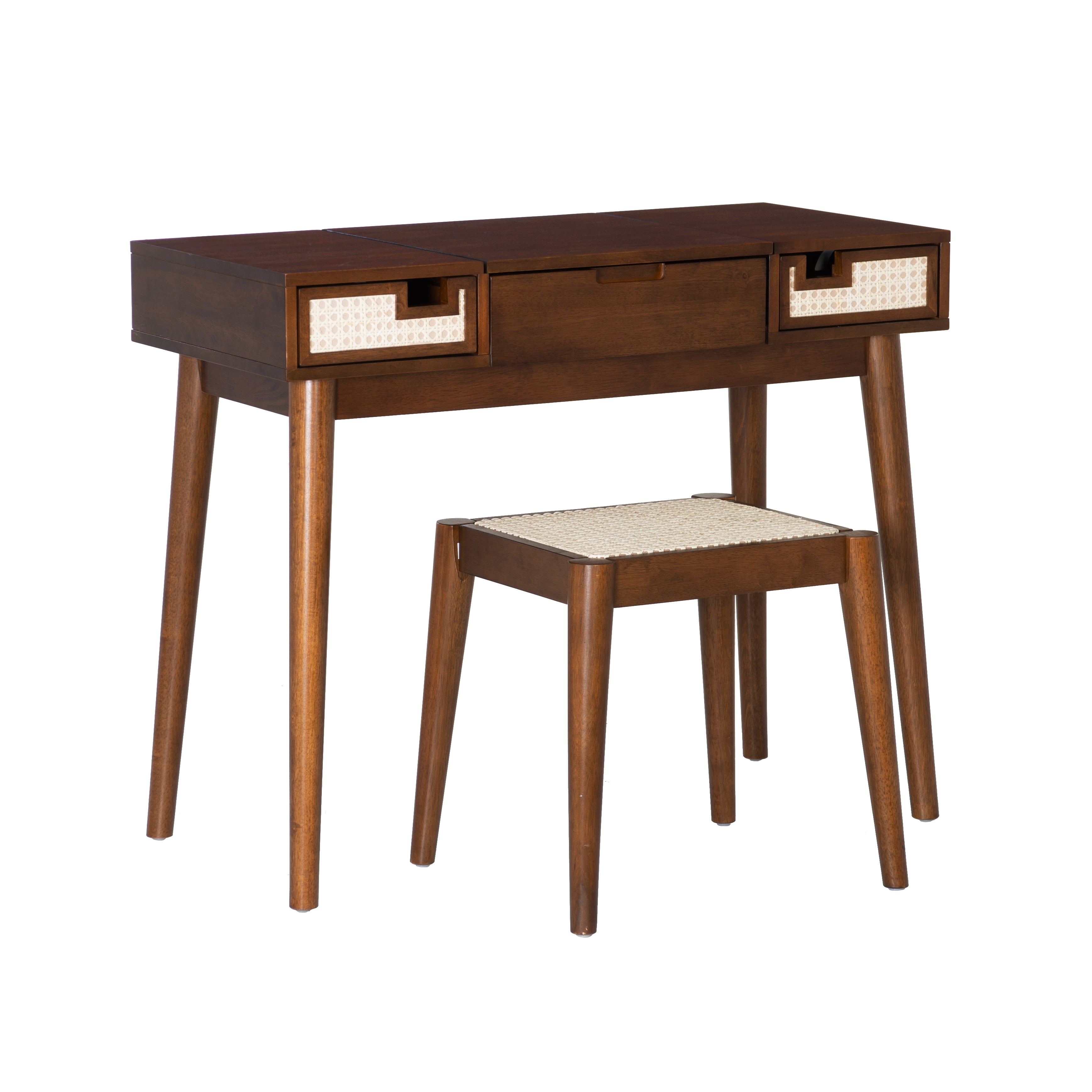 Linon Cassidie 2-Piece Cane Front Vanity Set with Mirror and Stool, Walnut