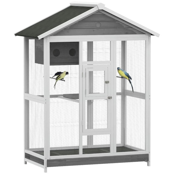 GVN Bird Cage, Small Bird Habitat,64.5" Wooden Bird Cage Aviary, Flight Cage with 4 Perches, Nest and Slide-Out Tray, Gray
