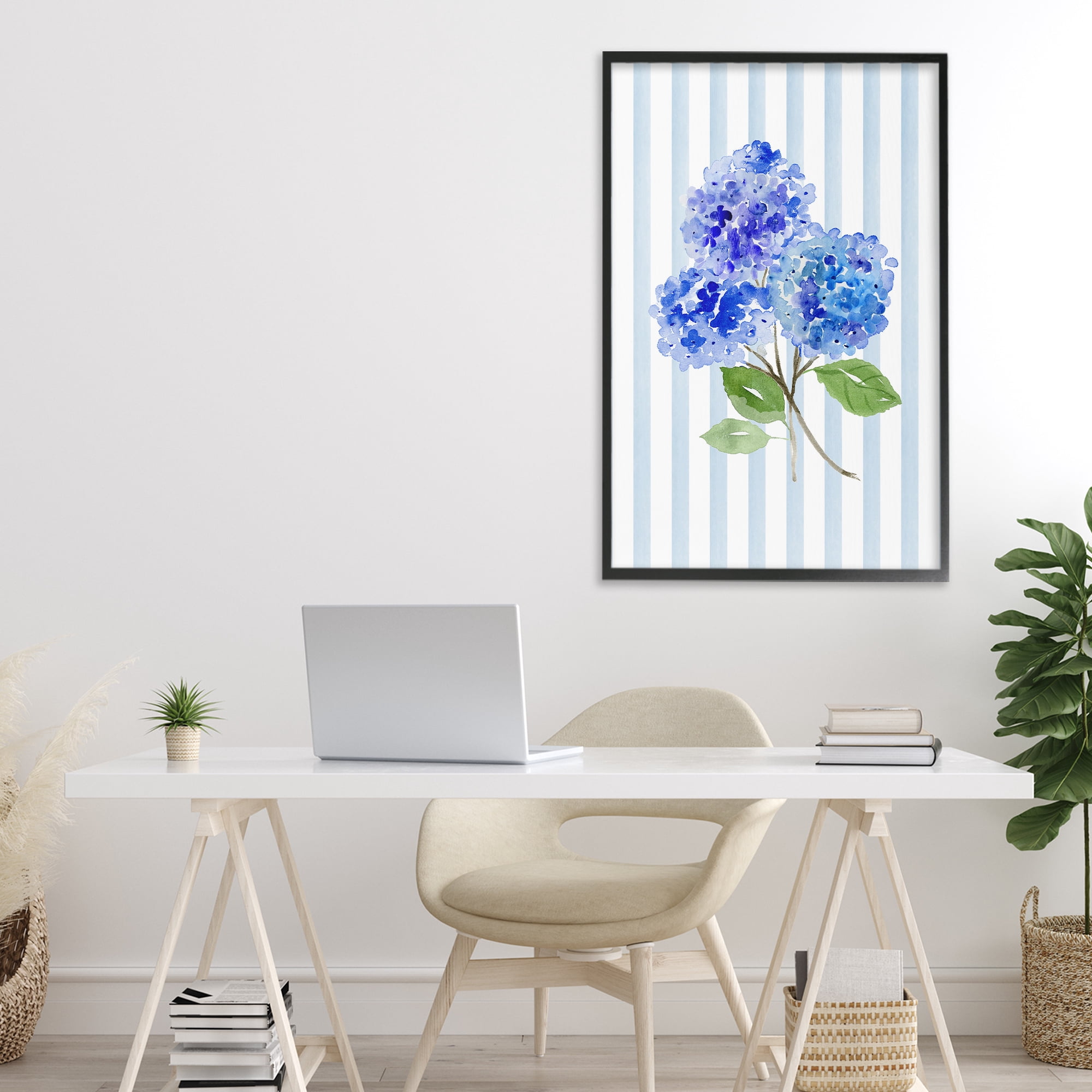 Stupell Industries Blue Hydrangeas over Stripes Black Framed Giclee Art, design by Corinne Haig
