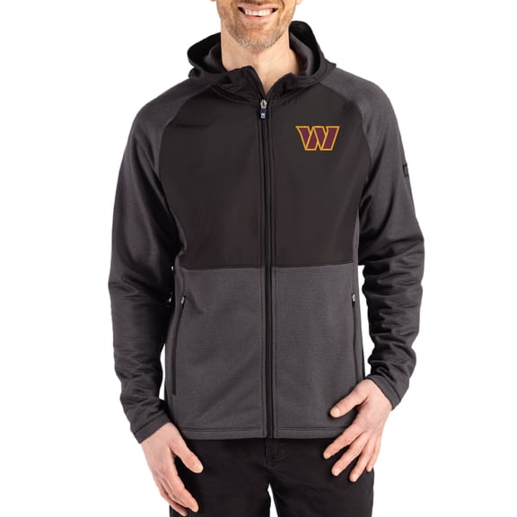 Men's Cutter & Buck Heather Black Washington Commanders Peshastin Eco Fleece Recycled Raglan Full-Zip Tri-Blend Hybrid