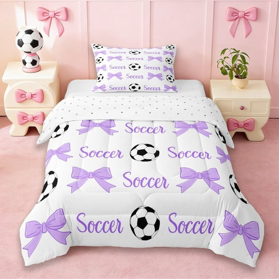 Erosebridal Purple Bows Twin Comforter Sets For Girls,Football Ball Game Kids Bedding Set,Reversible Black 2-Piece