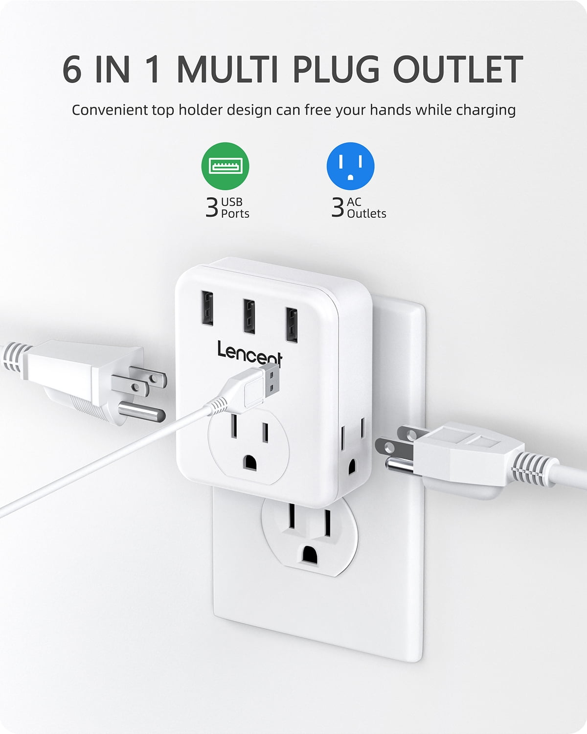  USB Wall Charger, LENCENT Wall Adapter with AC Outlet and 3 USB  Ports, Cube Power Strip Extender Plug Expander with Multiple USB Charger,  NO Surge Protector for Travel Cruise Ship, Home