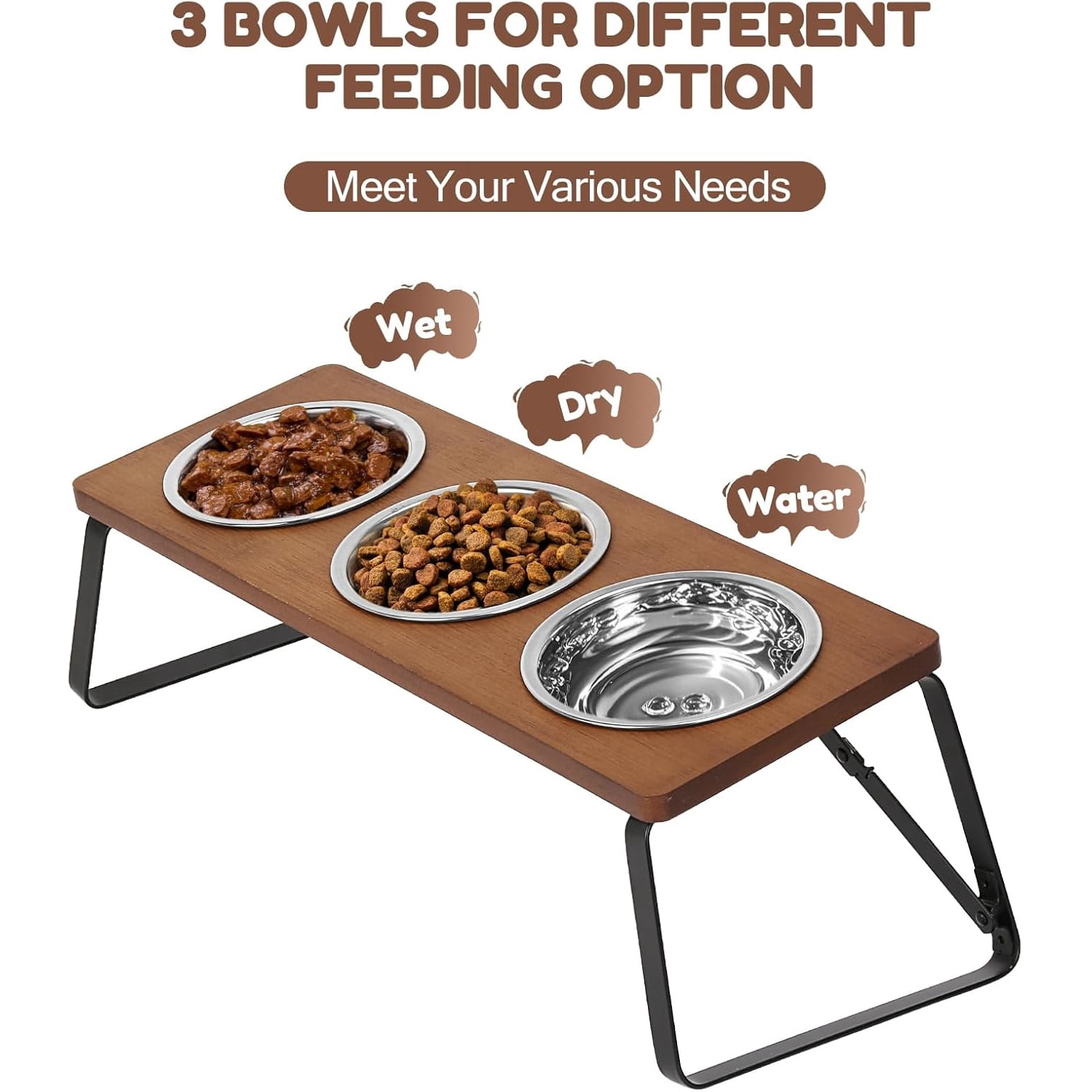 Flantor Elevated Cat Feeding Bowl Set with 10° Tilt, 3 Stainless Steel Bowls, Wood Frame and Foldable Metal Stand