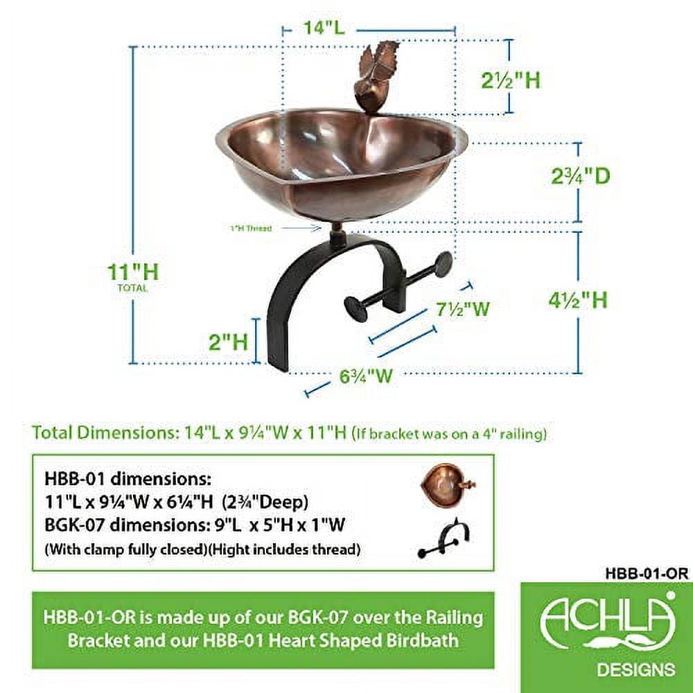 Achla HBB-01-OR Heart Shaped Birdbath with Over Rail Bracket, Copper & Black