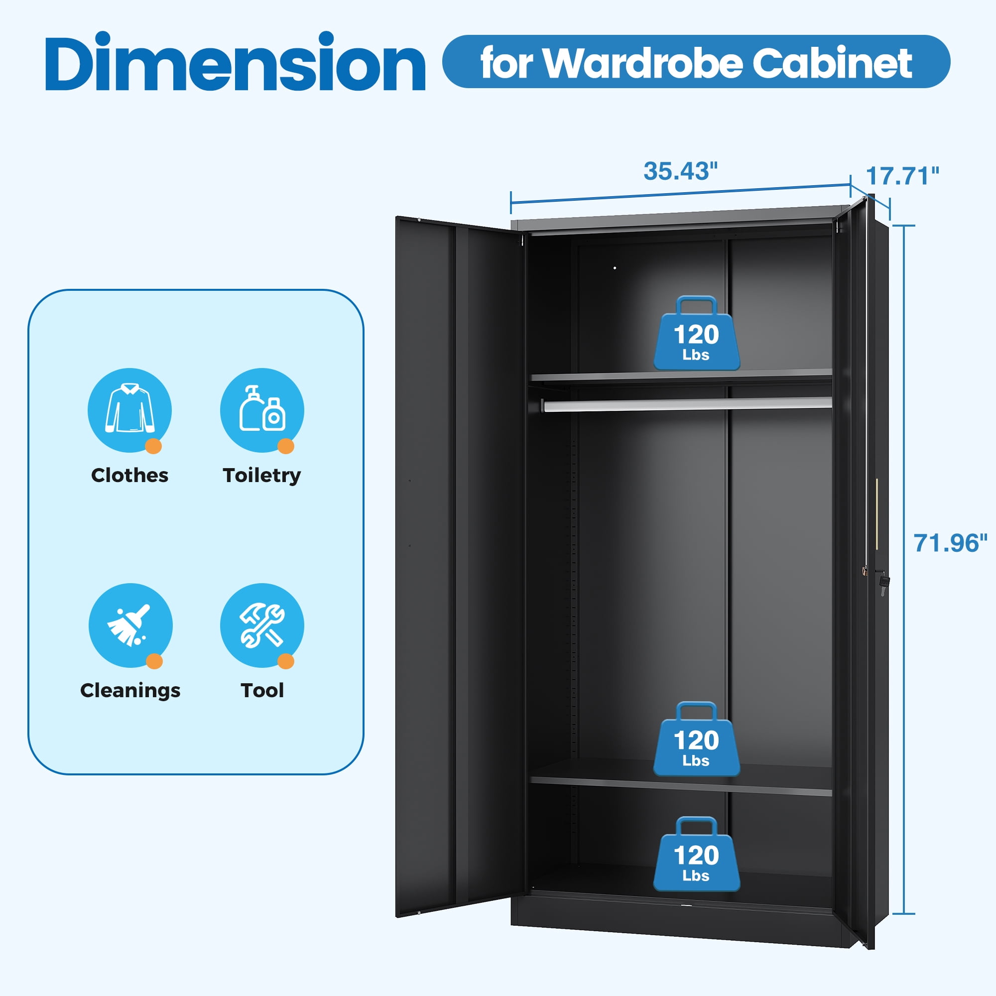 Fesbos Metal Wardrobe Cabinets with Lock, Clothing Locker 72" X 36" X 18" Storage Cabinets for Home Room,Fire Department, Employee,Gym,Government (Black)