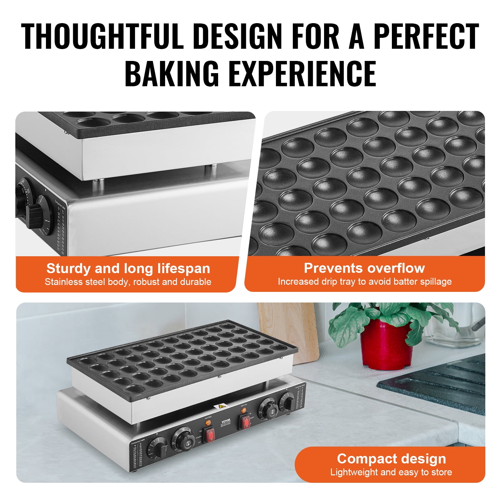 VEVOR Mini Dutch Pancake Maker, 50PCS 43mm Diameter Dorayaki Baker Machine, 1700W Commercial Electric Poffertjes Grill, Non-stick Stainless Steel, Dual Temp & Time Control, Home Kitchen Restaurant
