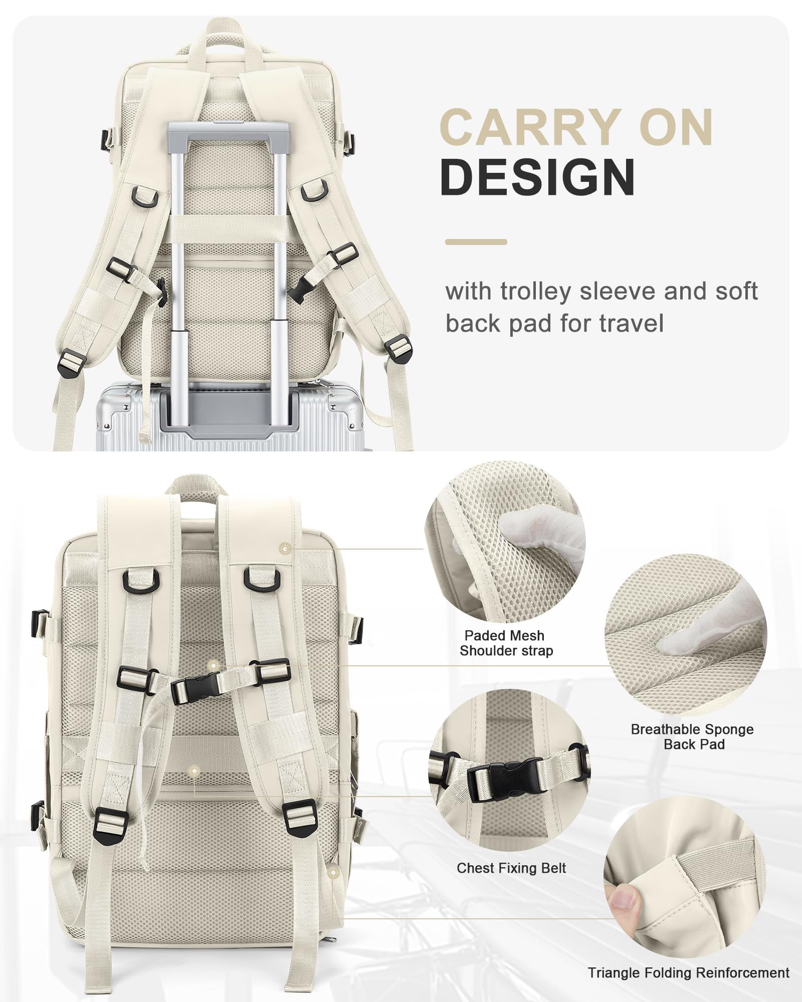 DAKIMOE Large Travel Backpack for Adults Carry on Laptop Backpack Flight Approved Waterproof College Bag with USB Charging Port & Shoe Pouch Casual Daypack for Women Men for Weekender Business, Beige