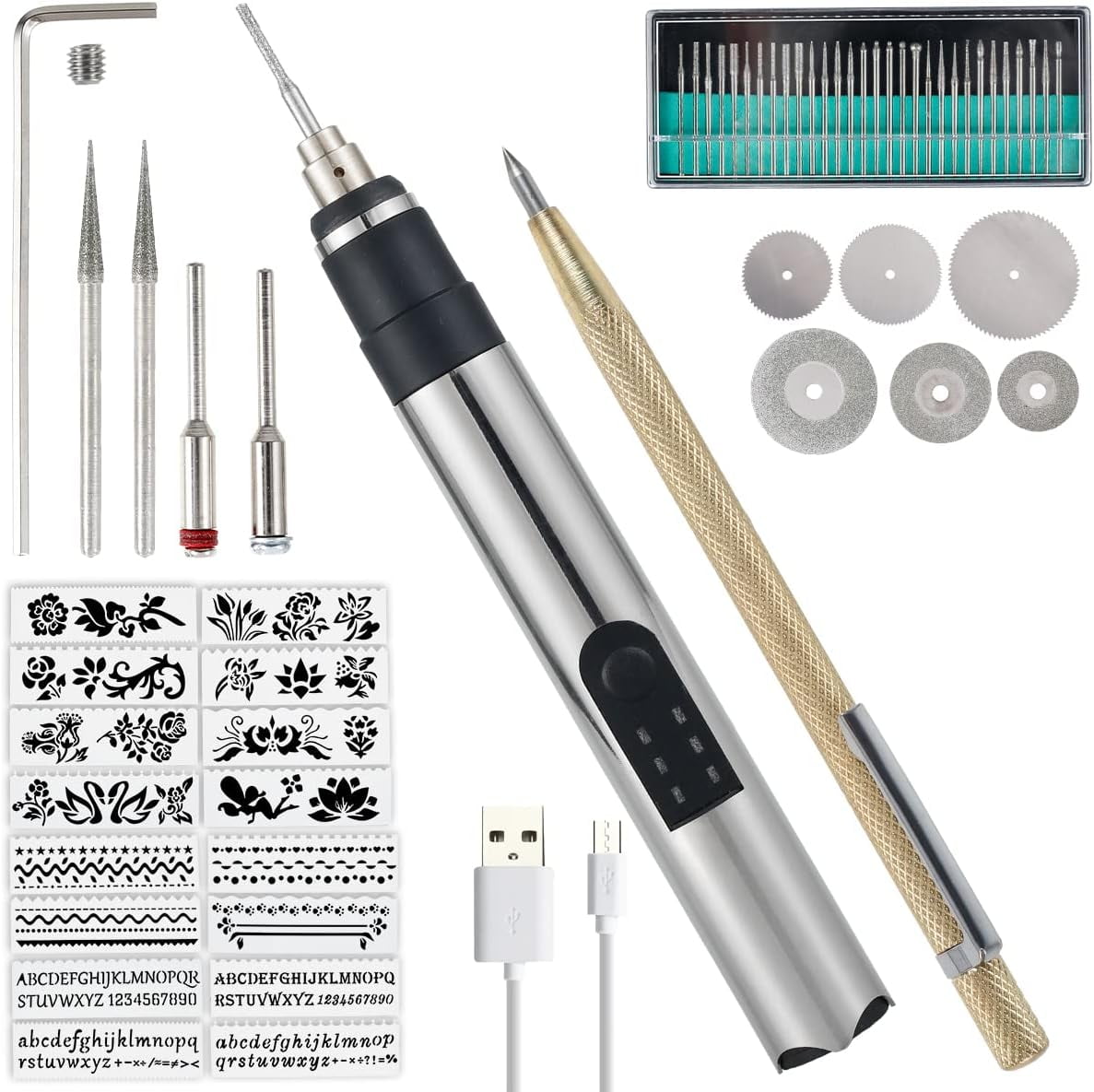 Wiher Electric Engraving Pen Cordless Micro Carving Pen with 3 Adjustable Speed 280mAh Rechargeable Engraver Machine Wireless Etching Engraving Tool for Jewelry Wood Metal Glass Stone OC