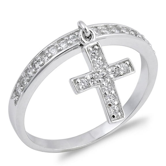 Sterling Silver Women's Clear CZ Dangle Cross Ring Band 12mm White 925 Jewelry Female Size 9