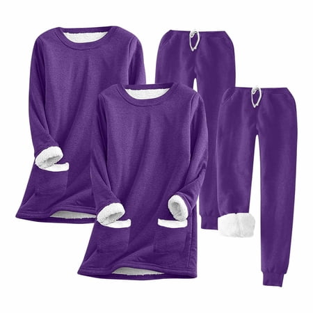 Kaemgyyd Womens Pajamas Set 2 PC Fleece Lined Lightweight 2 Piece Outfit Soft Lounge Pjs Pullover with Jogger Cozy Sleepwear Set