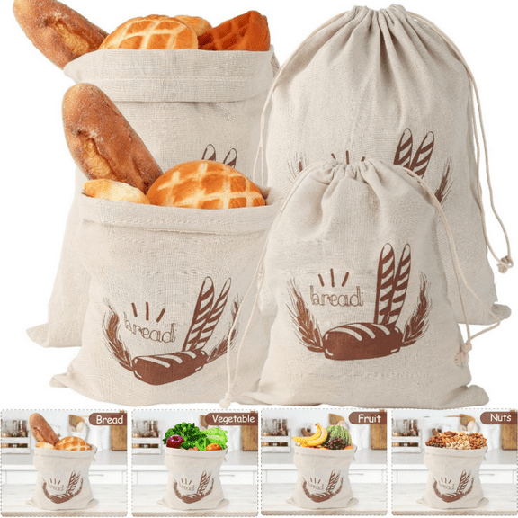 2 Sizes Linen Bread Bags for Homemade Bread Container, 4 Pcs Reusable Bread Storage for Bread, Baguette, Fruit, Vegetables