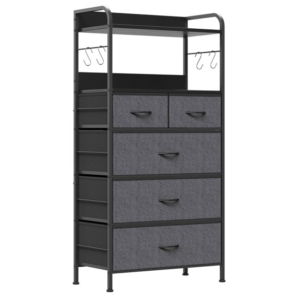 Garvee Commode à 5 Tiroirs pour Chambre, Dessus en Bois, Cadre en Acier, Gris