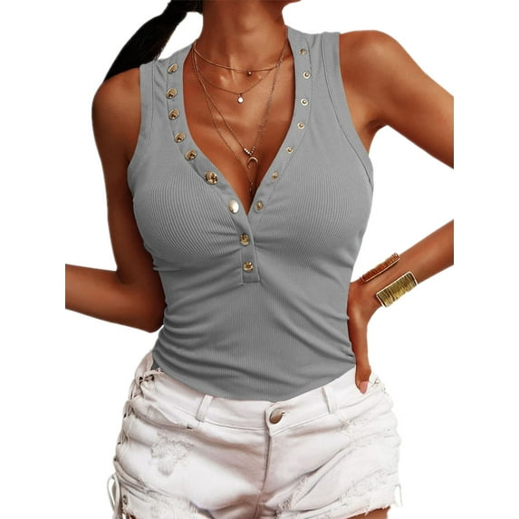 Qmyliery Women Ribbed Vest, Solid Color Deep V-neck Bodycon Tank Tops with Snap Buttons, S/ M/ L/ XL/ XXL/ XXXL